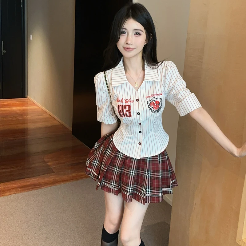 美式复古学院风纯欲红条纹jk衬衫女夏季辣妹格子百褶裙两件套装裙