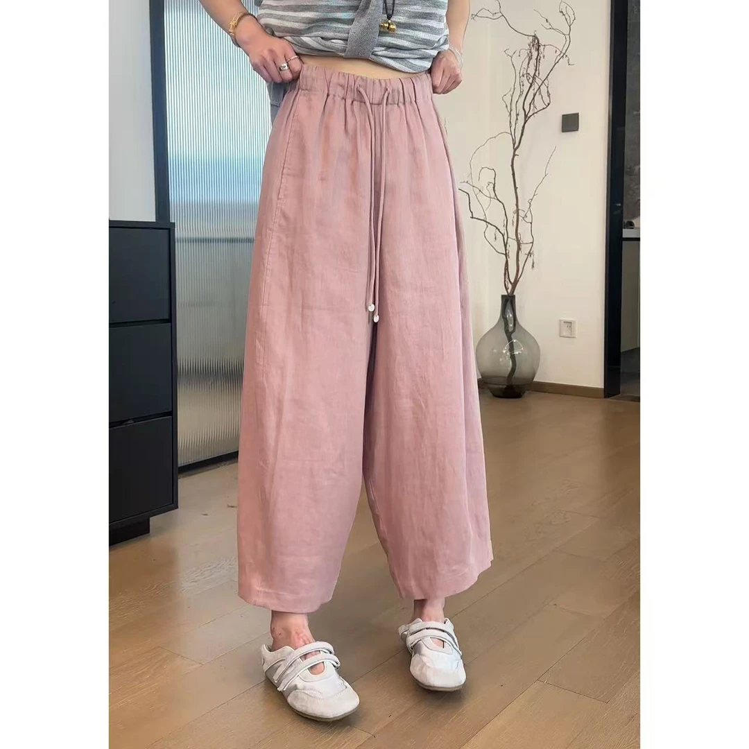 玖了个玖 2025夏 小众设计极简风奶奶裤百搭亚麻休闲裤 2504C2243