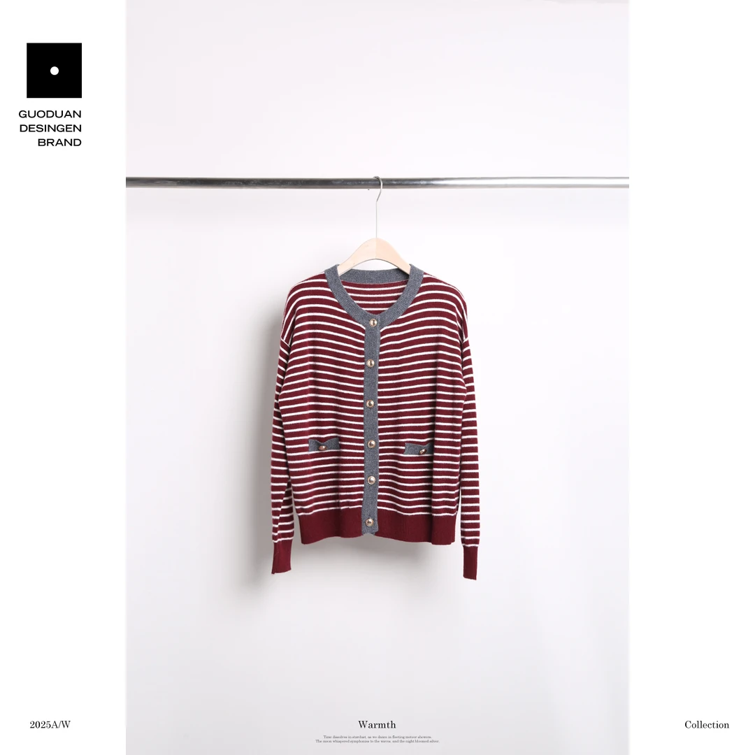 果缎 圆领羊毛条纹开衫毛衣秋冬保暖厚款针织衫 M5-168300