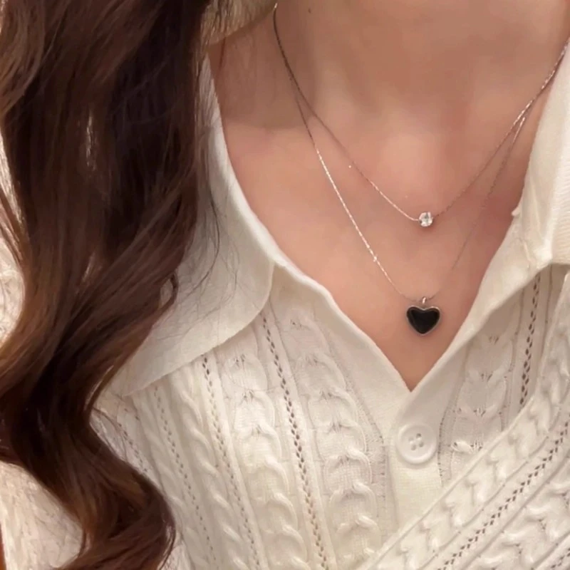 钛钢项链 双层闪钻黑色爱心项链女甜酷风锁骨链气质百搭高级饰品