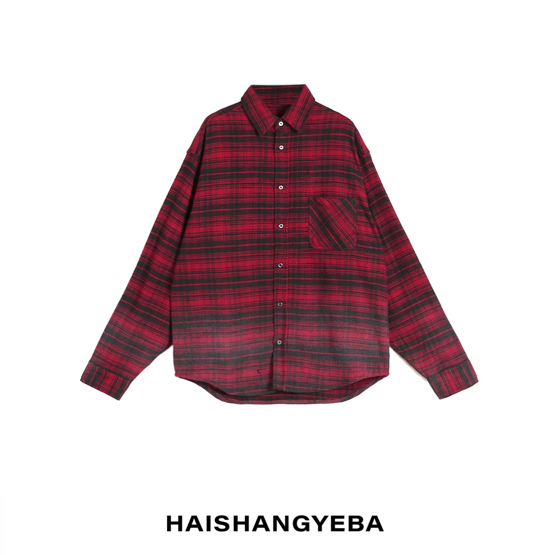 【海上叶爸】新款2025春秋百搭棉男女同款宽松休闲红格衬衫