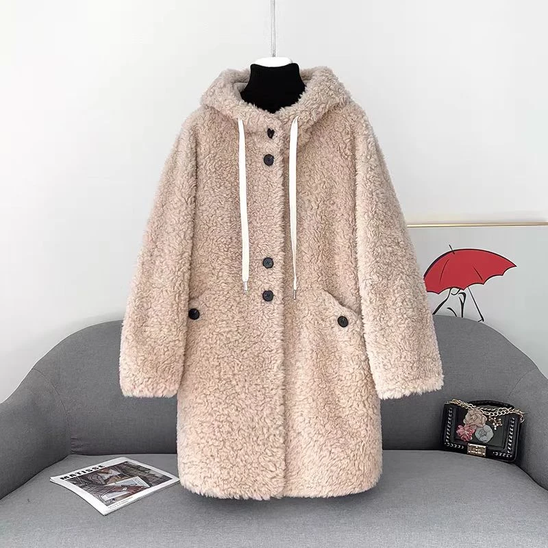 【冬日必备】100%进口绵羊毛新款中长款保暖女款休闲带帽款加厚外套
