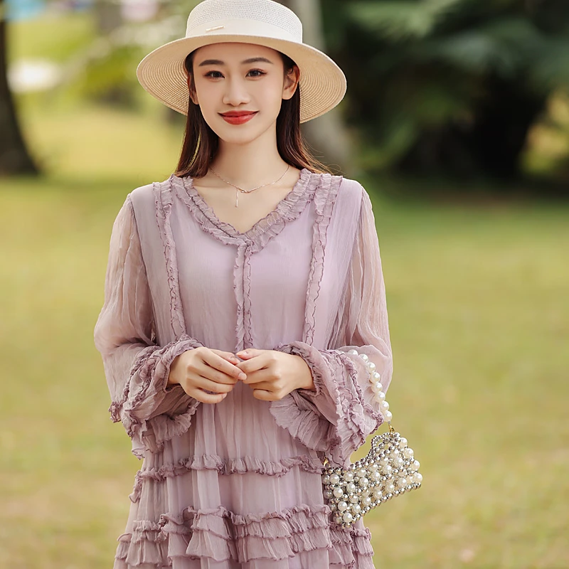 拜占庭的森林桑蚕丝连衣裙显瘦高端轻奢气质拼接纯色中长款真丝裙