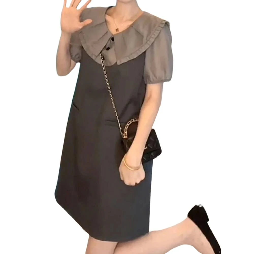 韩系撞色拼接假两件娃娃领连衣裙女夏季大码微胖遮肉显瘦直筒裙