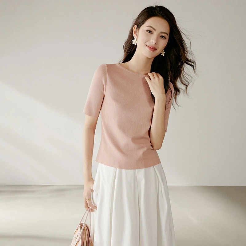 【专享】2025夏上衣早中袖圆领弹力针织短袖女25021420