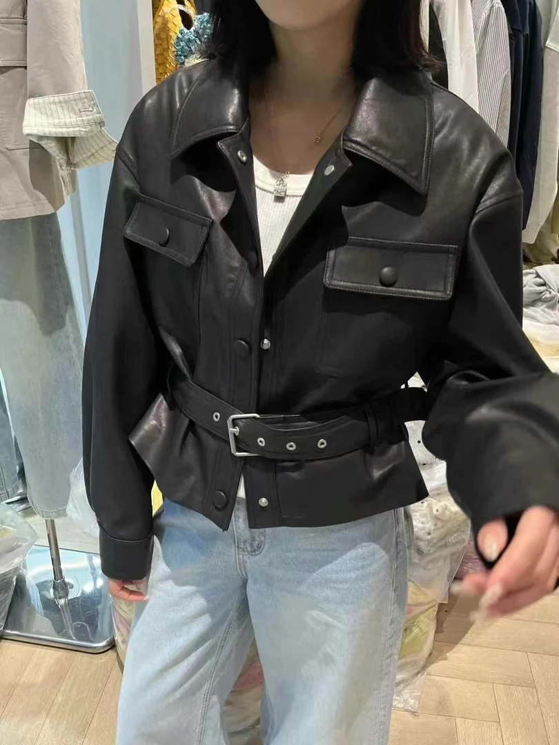 新款宋佳同款韩版复古机车服皮衣短款收腰夹克宋佳同款皮衣外套