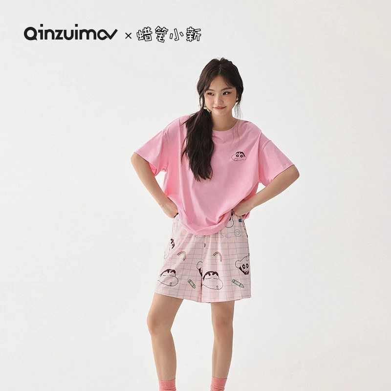 亲嘴猫【蜡笔小新】圆领短袖睡衣女士春夏季可爱莫代尔棉家居服套装