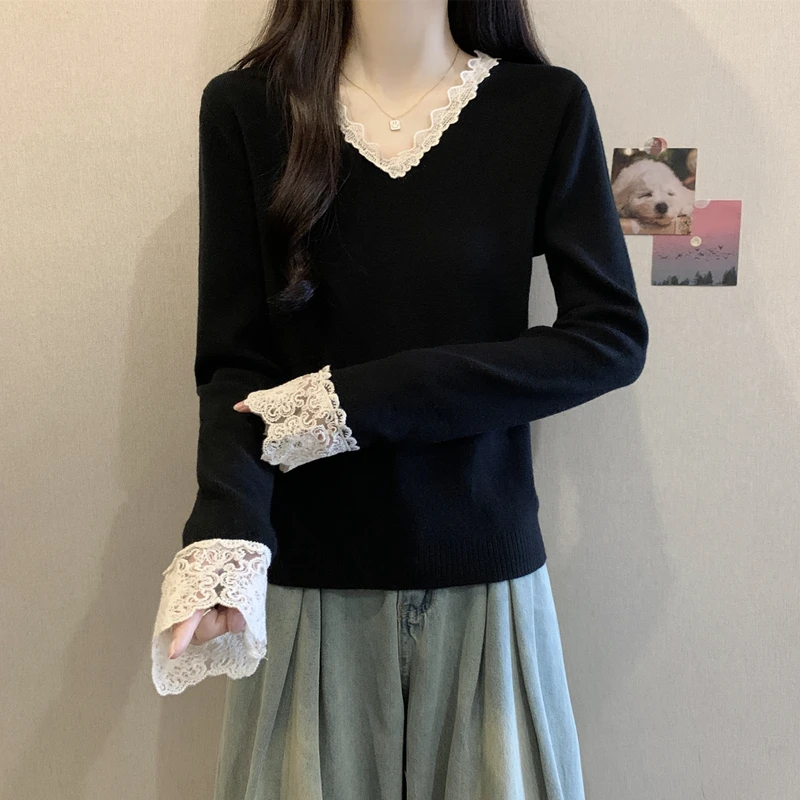 针织衫秋冬穿搭v领蕾丝内搭上衣拼接显瘦遮肚子胖mm大码长袖毛衣