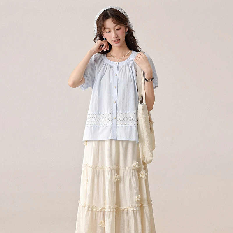 【三寸藕】小众独特别致宽松蓝色短袖上衣女夏季甜美上衣L251398