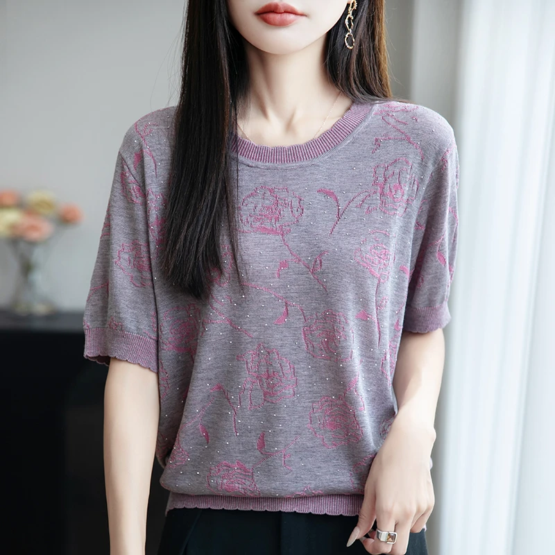 品牌2025夏新款针织衫短袖T恤气质提花时尚圆领宽松薄款显瘦上衣