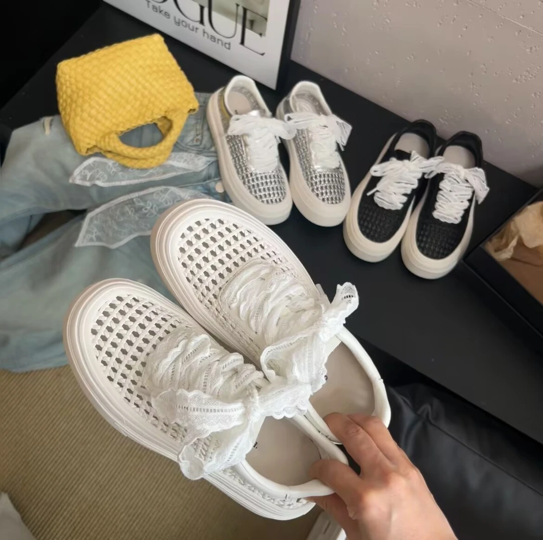 夏季新款薄款编织透气百搭女款厚底小白鞋