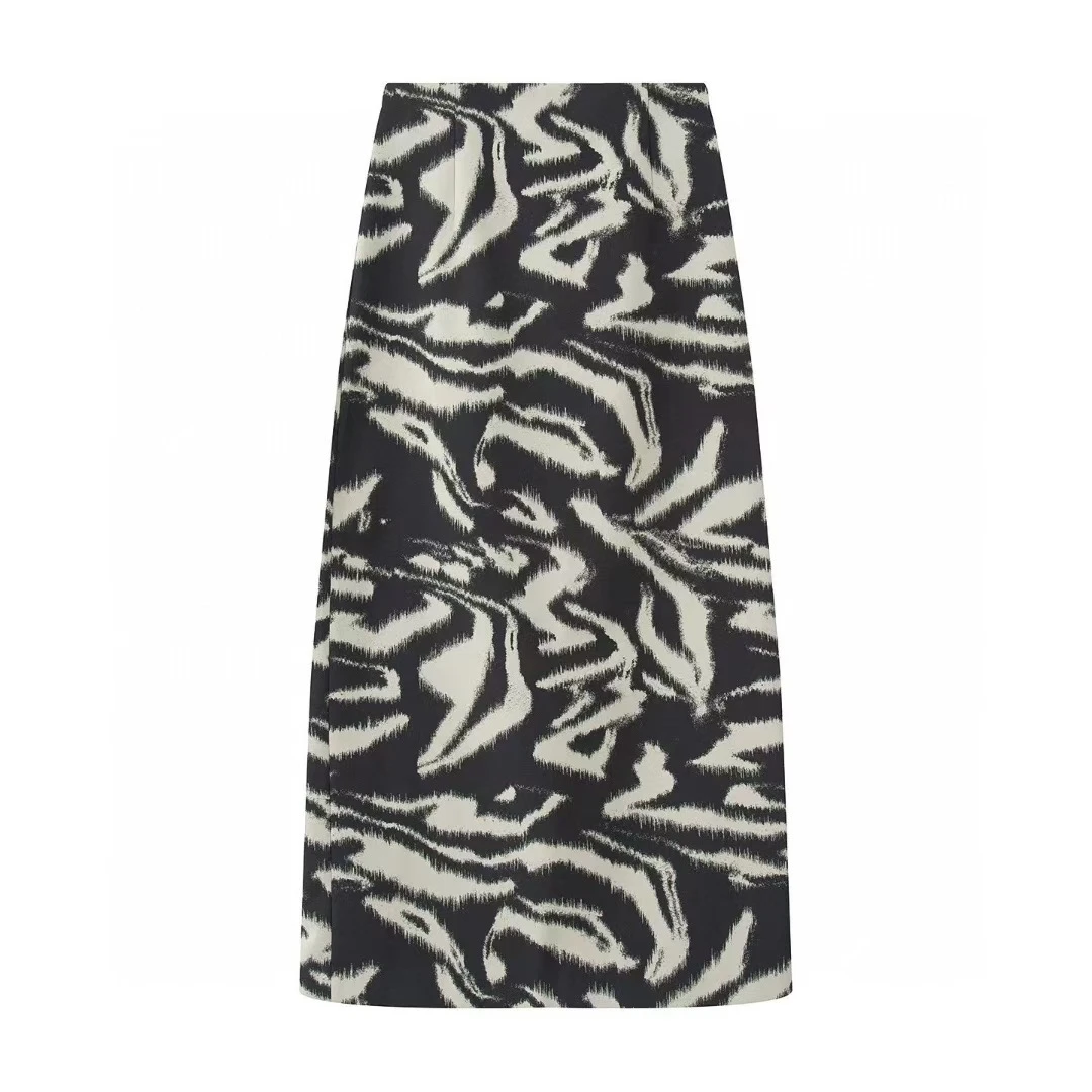 艾家商场同款女装2025年夏季新款水墨提花法式开叉半身裙1320