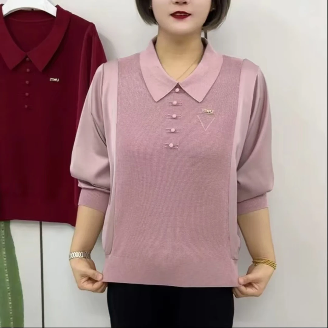 2025春季新款拼接时尚洋气百搭针织衫翻领宽松遮肉气质减龄妈妈装