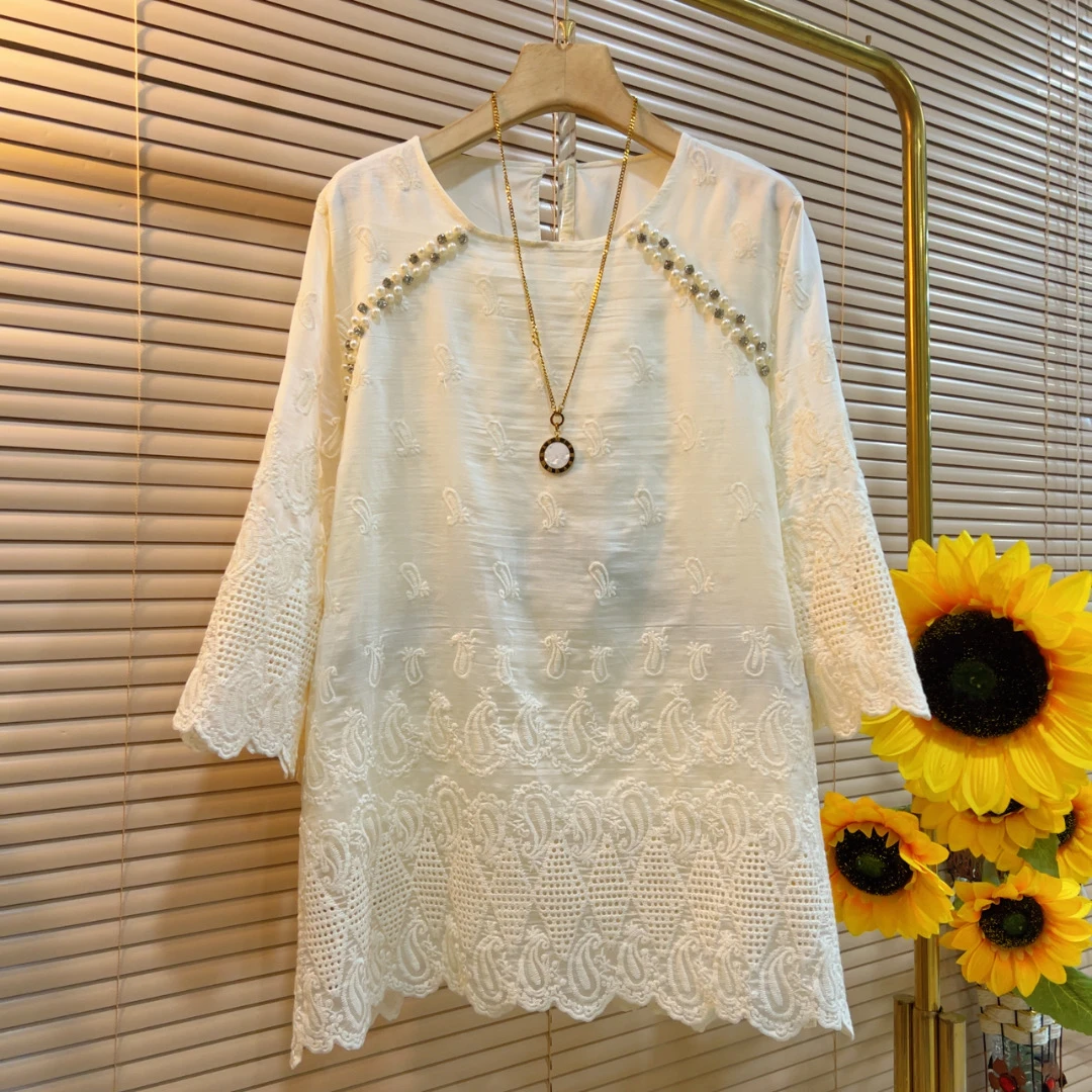 HY春夏新款时尚洋气重工钉珠蕾丝花边中袖上衣