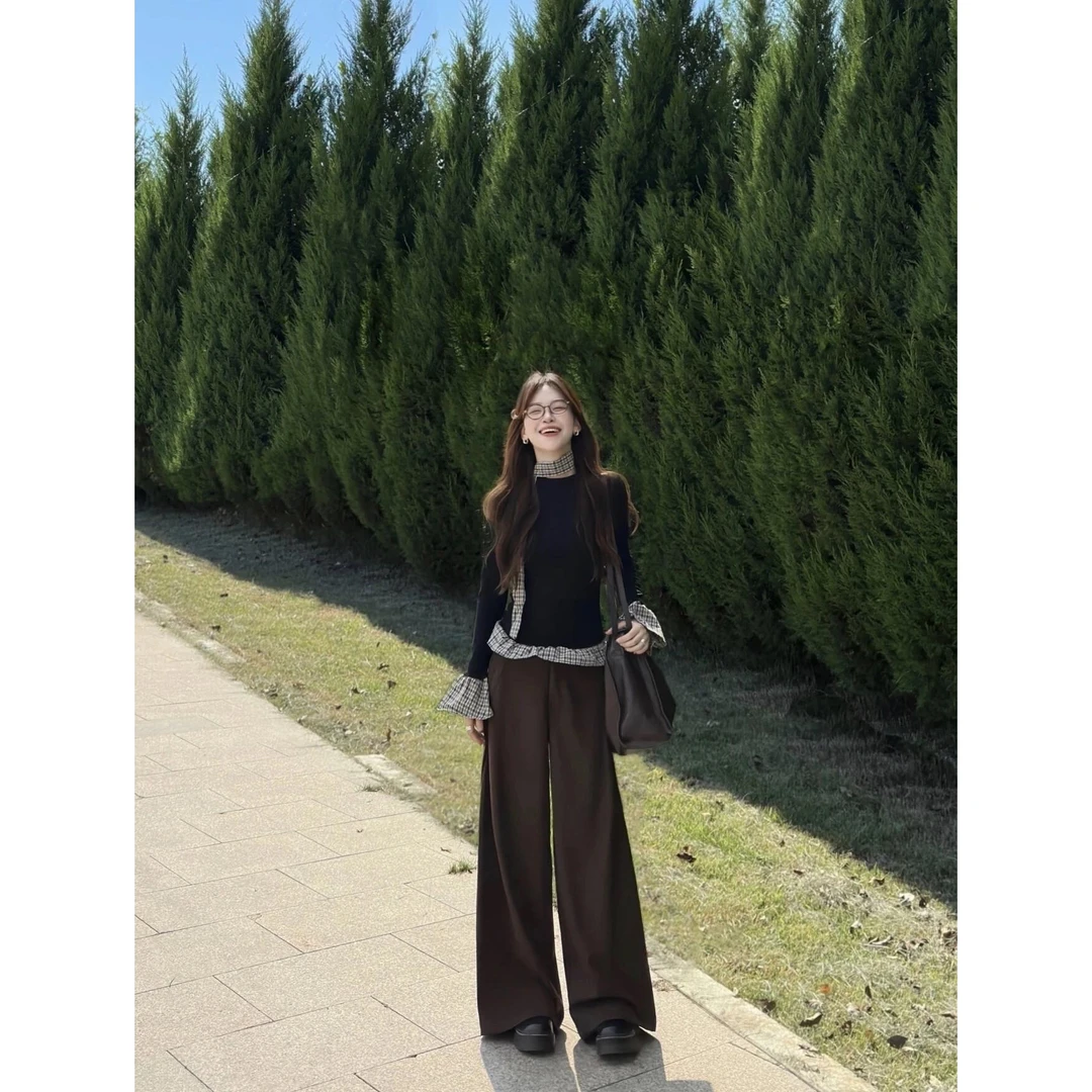2025早秋穿搭一整套学院风小个子假两件格纹上衣+阔腿裤两件套装