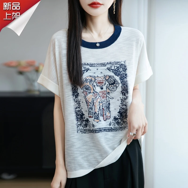 品牌夏季新款洋气圆领拼色竹节麻针织短袖宽松百搭女士透气T恤