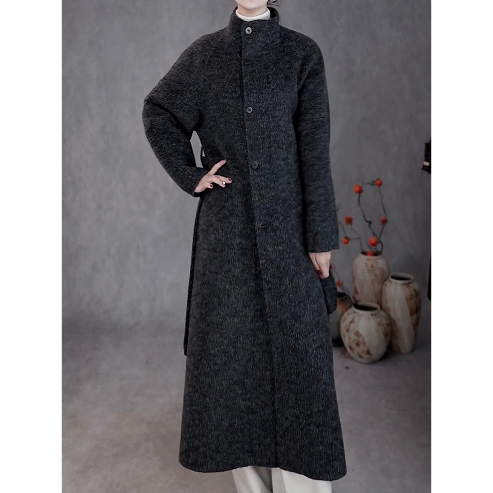 高档大气时尚通勤收腰系带遮肉显瘦加厚保暖纯色立领长款毛呢外套