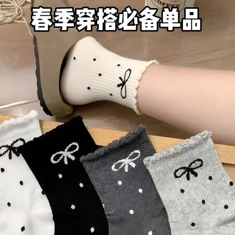 波点花边袜子女蝴蝶结春夏新款白色短筒堆堆袜学生中筒袜运动袜女