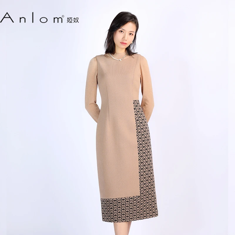 Anlom/娅奴春夏新款短袖高领驼黑休闲棉纤维针织通勤常规连衣裙