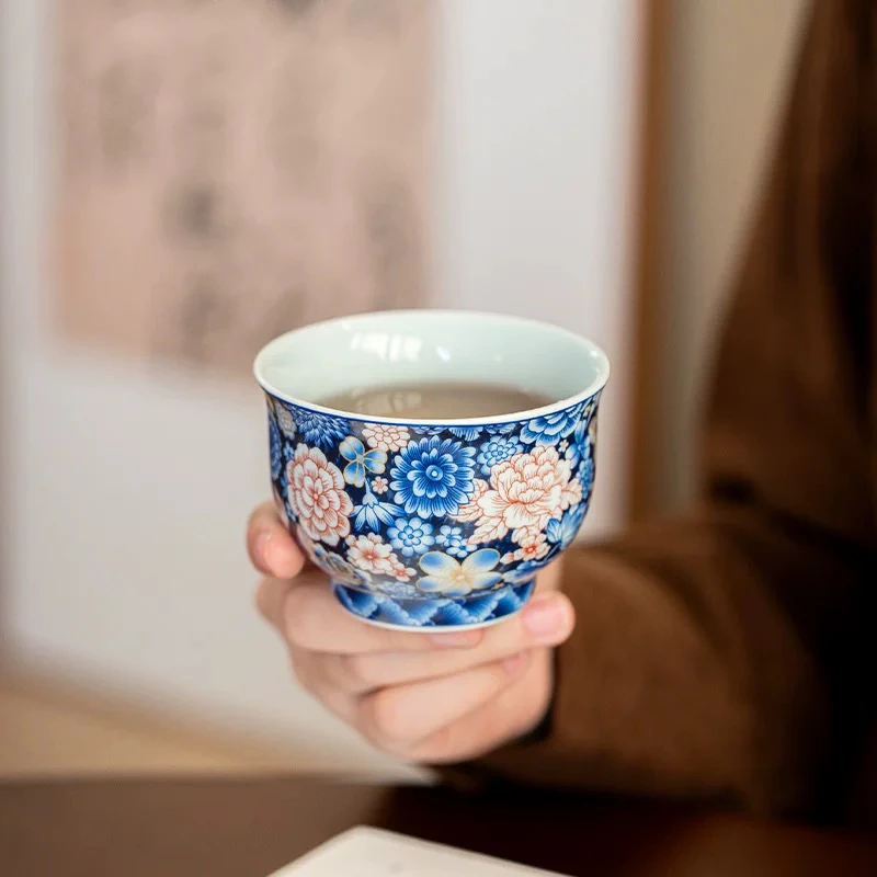 复古掐丝金牡丹茶具高档个人专用主人杯陶瓷品茗杯TJ083