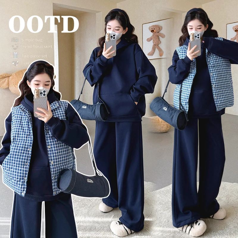 【因为爱】孕妇冬装套装加绒保暖韩版连帽卫衣冬季慵懒风两件套