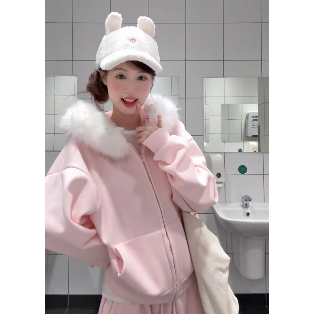 可爱甜美休闲毛领蓬松连帽卫衣男女秋冬街头加绒加厚开衫外套ins