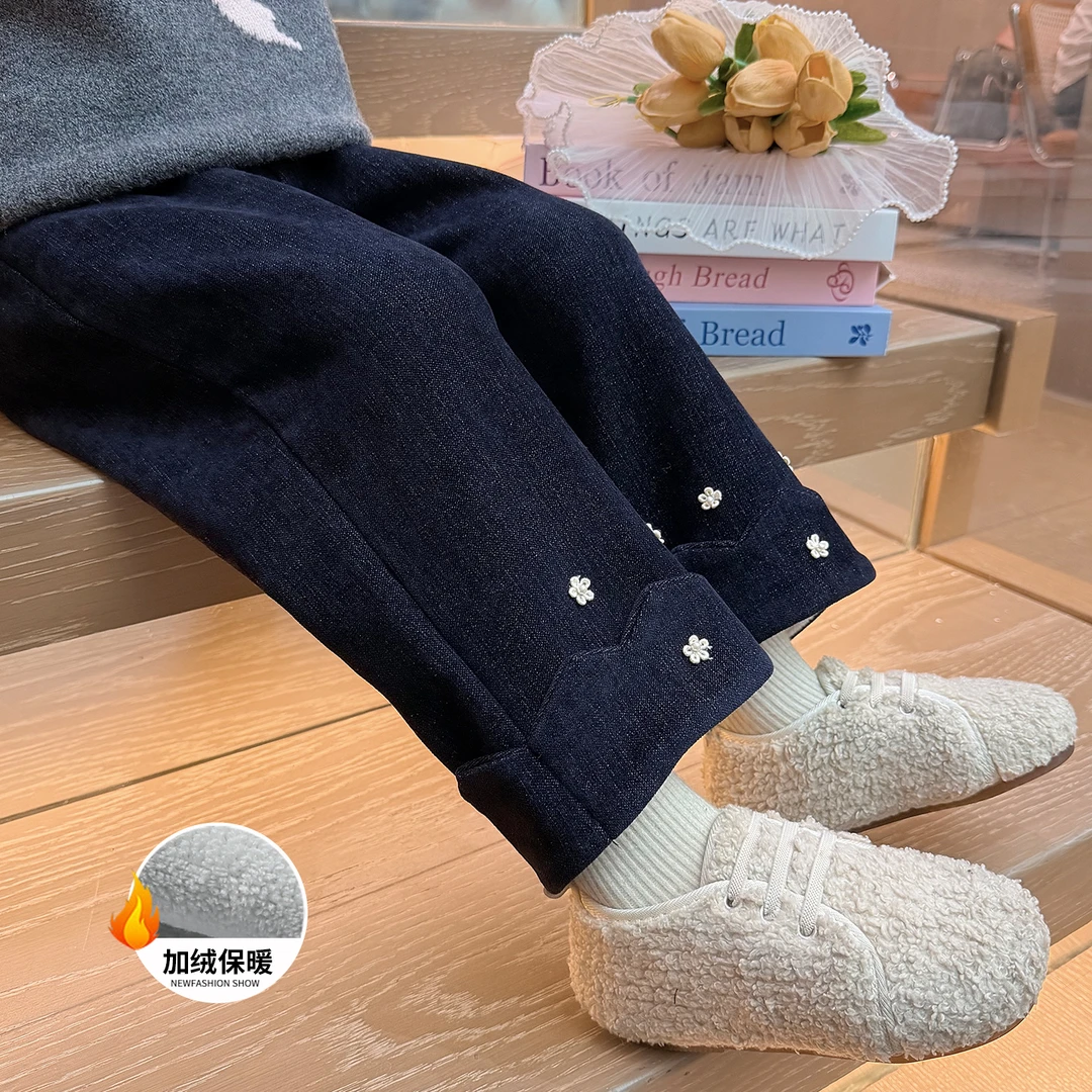 女童加绒仿牛仔裤加厚一体绒儿童小直筒裤子宝宝休闲裤秋冬装新款