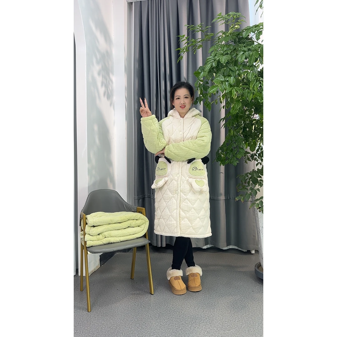 【女士长袍5901】冬季夹棉睡衣时尚三层夹棉加厚家居服套装加绒