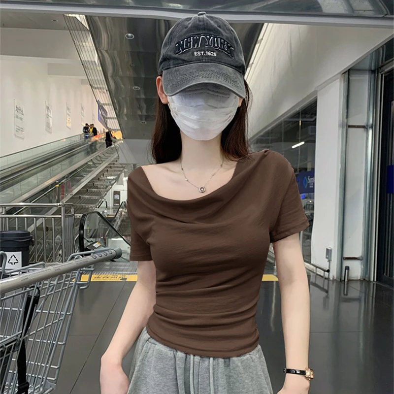 设计感小众荡领修身显瘦弹力短袖T恤女夏季2025新款辣妹上衣韩版t