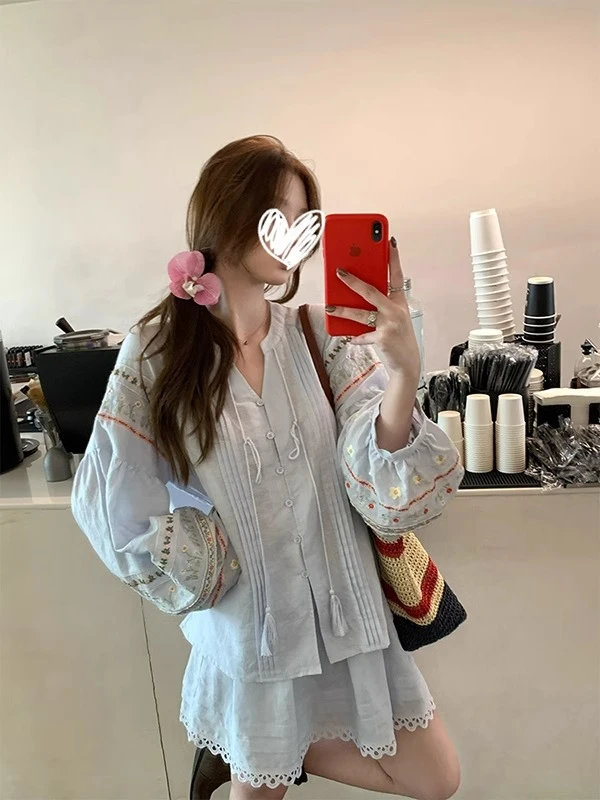 【斯米兰花境】法式时尚度假风重工花朵刺绣衬衫高腰蕾丝半身裙套装