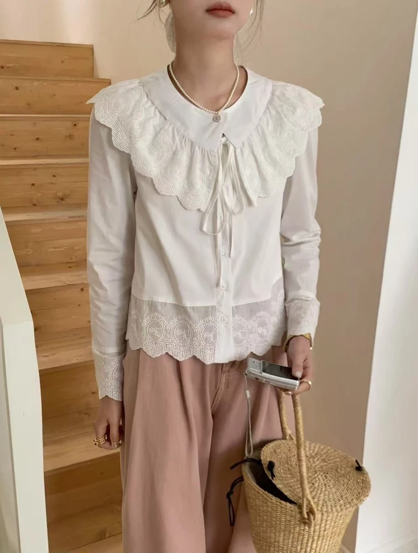 6207珍珠少女！一衣两穿装饰领宫廷感衬衫长袖 领子可拆卸