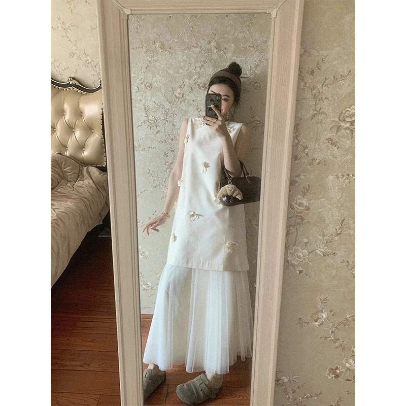 轻奢风气质设计感立体花朵宽松背心连衣裙高腰百搭网纱蓬蓬半身裙