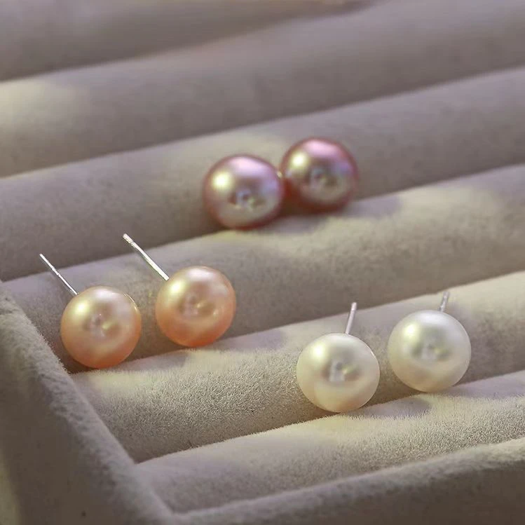 【足银耳钉】9-10MM天然淡水珍珠强光经典百搭简约耳环精致三色可选