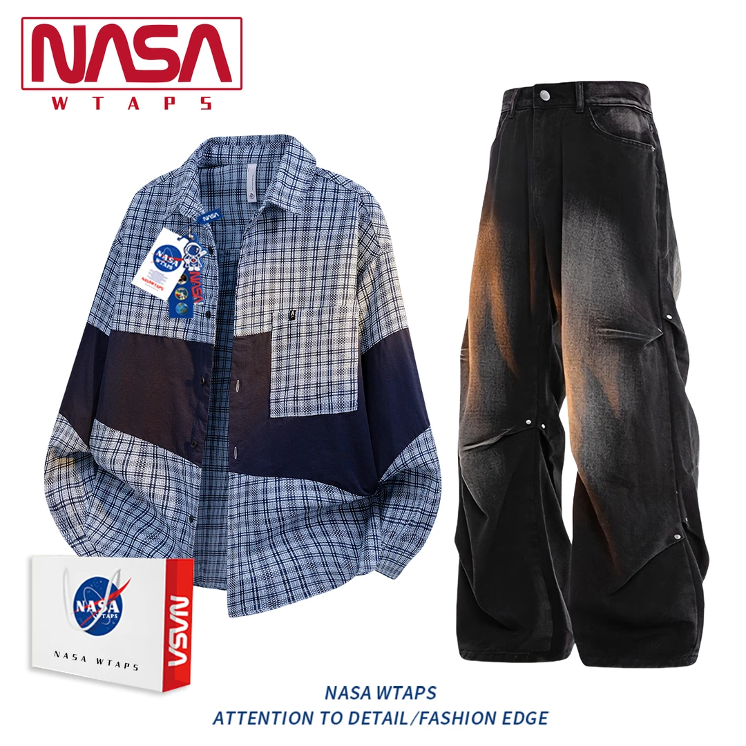 NASA WTAPS衬衫套装男秋季美式潮牌宽松休闲两件套高级感男生衣服