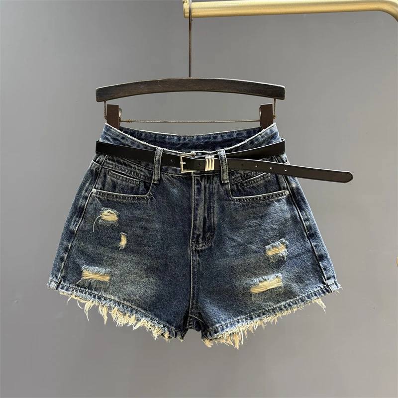 2025年夏季新款高腰牛仔短裤女复古辣妹显瘦百搭毛边a字阔腿热裤