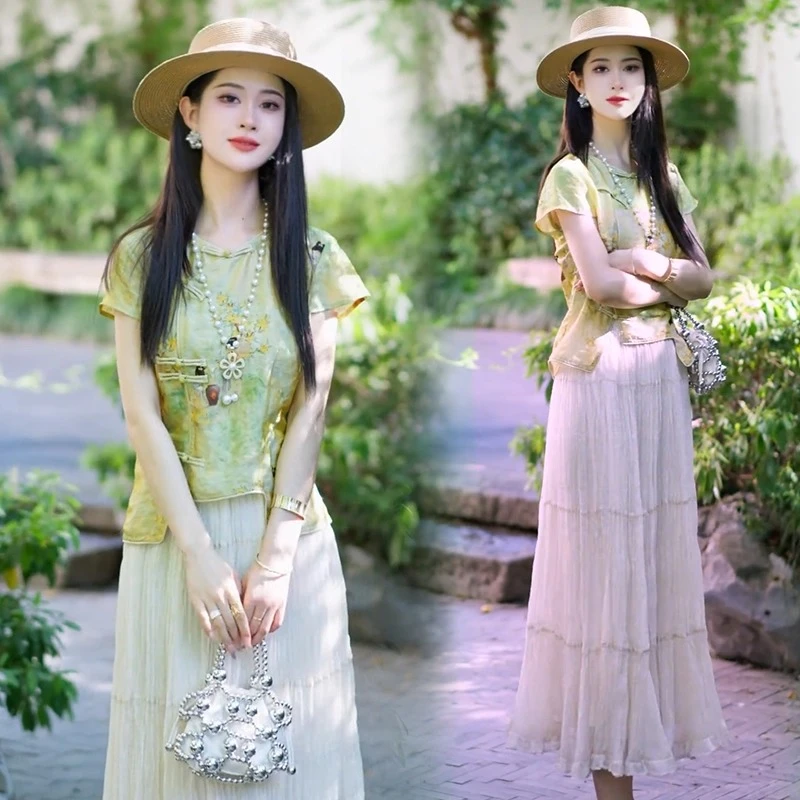 新中式连衣裙女夏季新款洋气质国风印花短袖上衣半身裙女款两件套