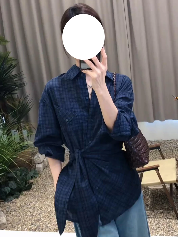 复古蓝色格子长袖衬衫女2025秋季新款收腰显瘦时尚洋气高级感上衣