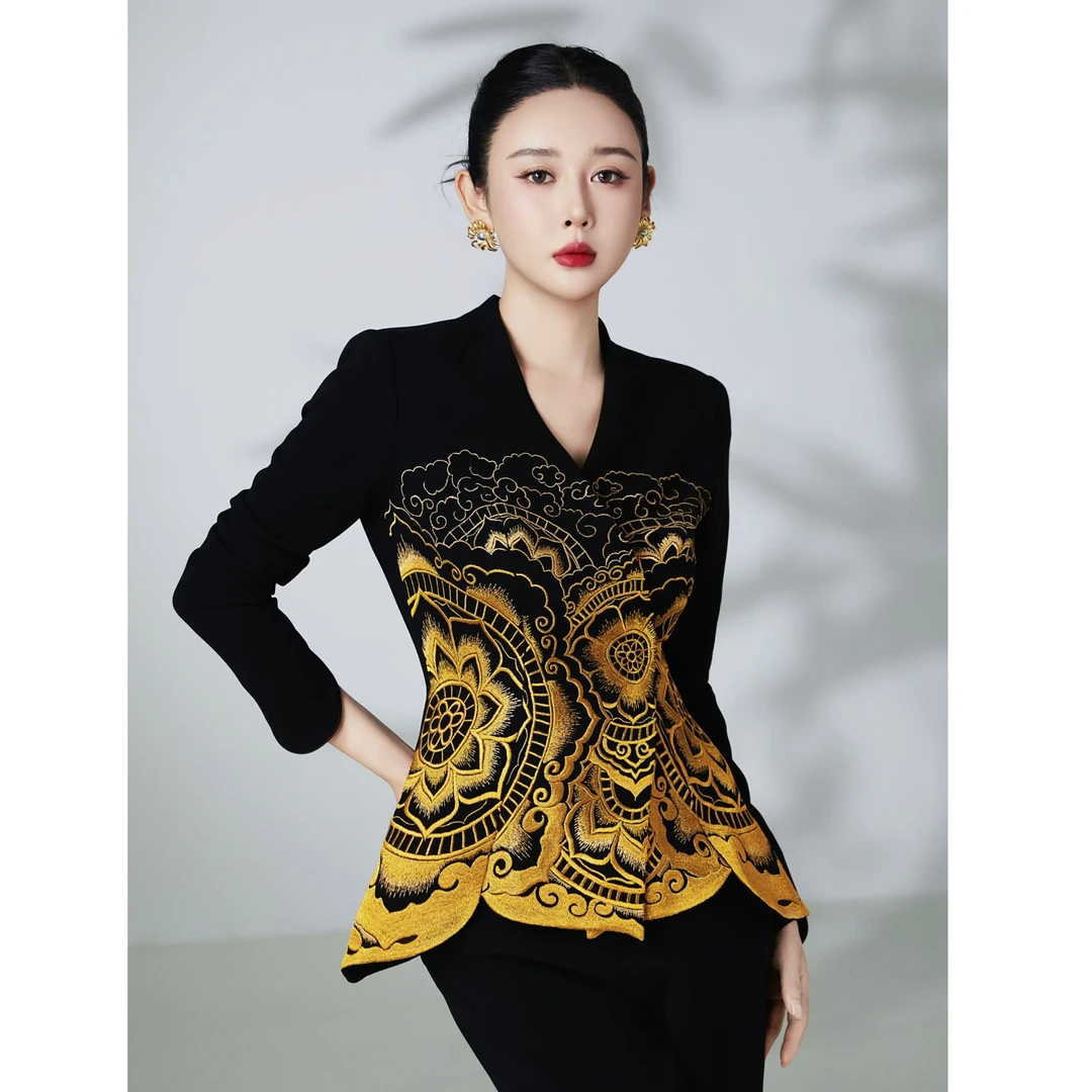 LADYPOWER无领深V单排扣金色:团花刺绣高定西装上衣 76680A