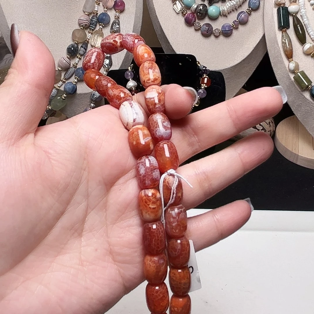 玛瑙/玉髓未镶嵌珠宝半成品k320橘红色冰裂椭圆形筒珠10*13