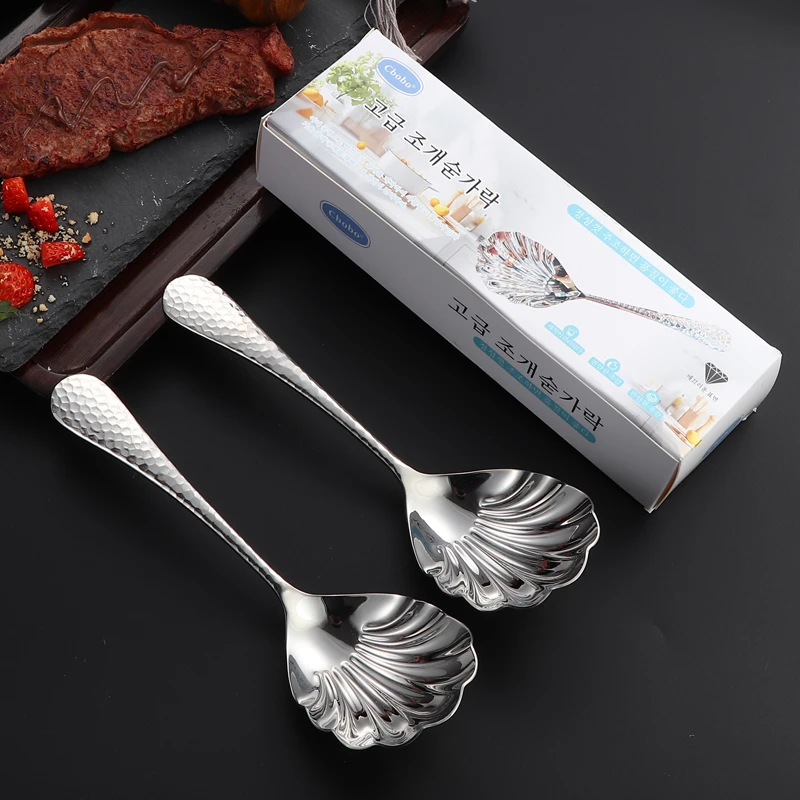 韩系精致高级锤纹贝壳勺18-10不锈钢两支礼盒装BT