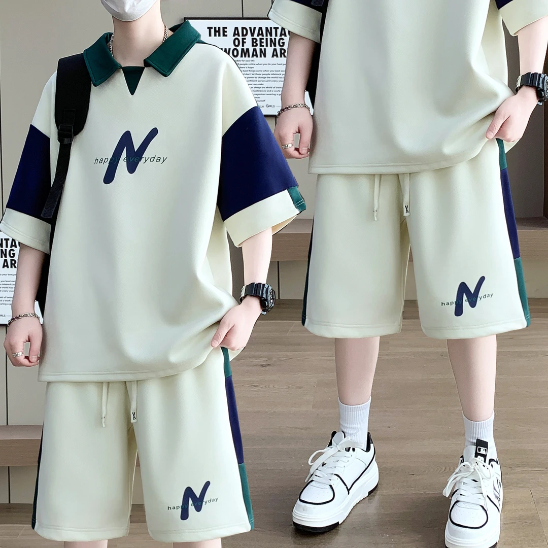 休闲运动套装男孩夏季宽松青少年学生T恤衫潮牌潮流短袖短裤一套