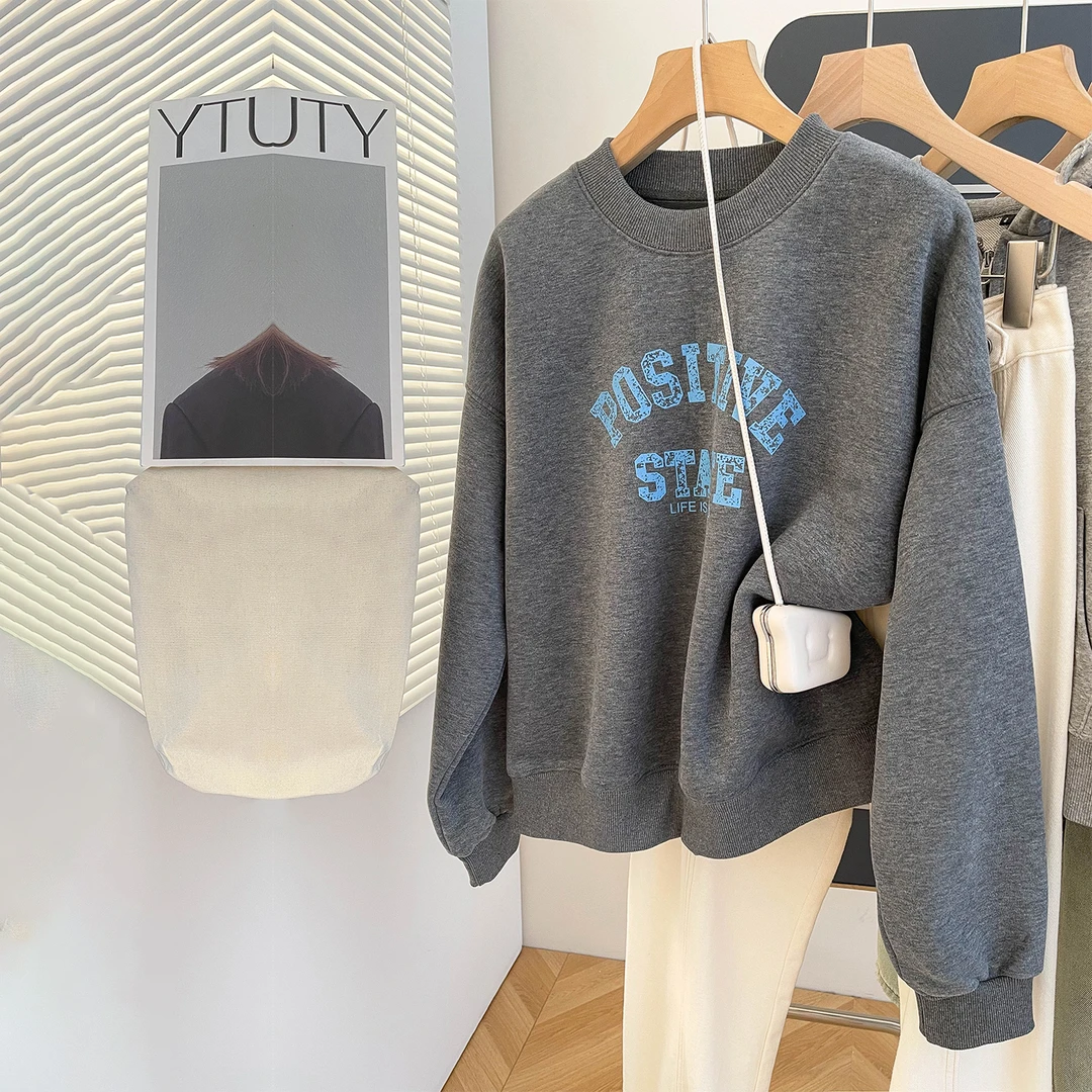 灰色加绒加厚卫衣女高支棉一体奥利绒廓型字母印花圆领打底上衣