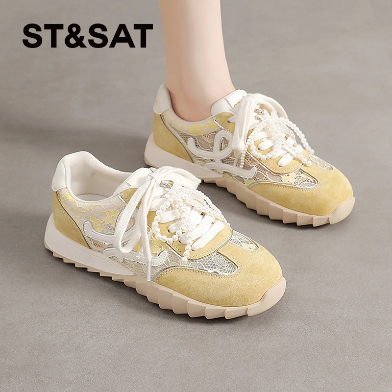 星期六薄底德训鞋女2025夏季新款蕾丝阿甘鞋女士网面芭蕾风休闲鞋