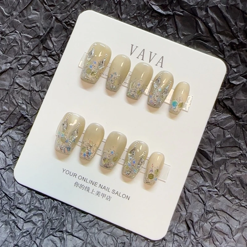 《邻家女孩》纯手工穿戴甲白月光猫眼亮片爆闪网红显白光疗美甲8851