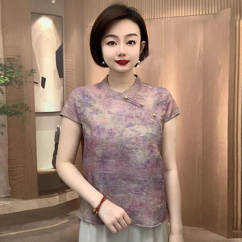 高端气质中老年妈妈夏装短袖浮光锦上衣旗袍衫宽松遮肉洋气小衫女