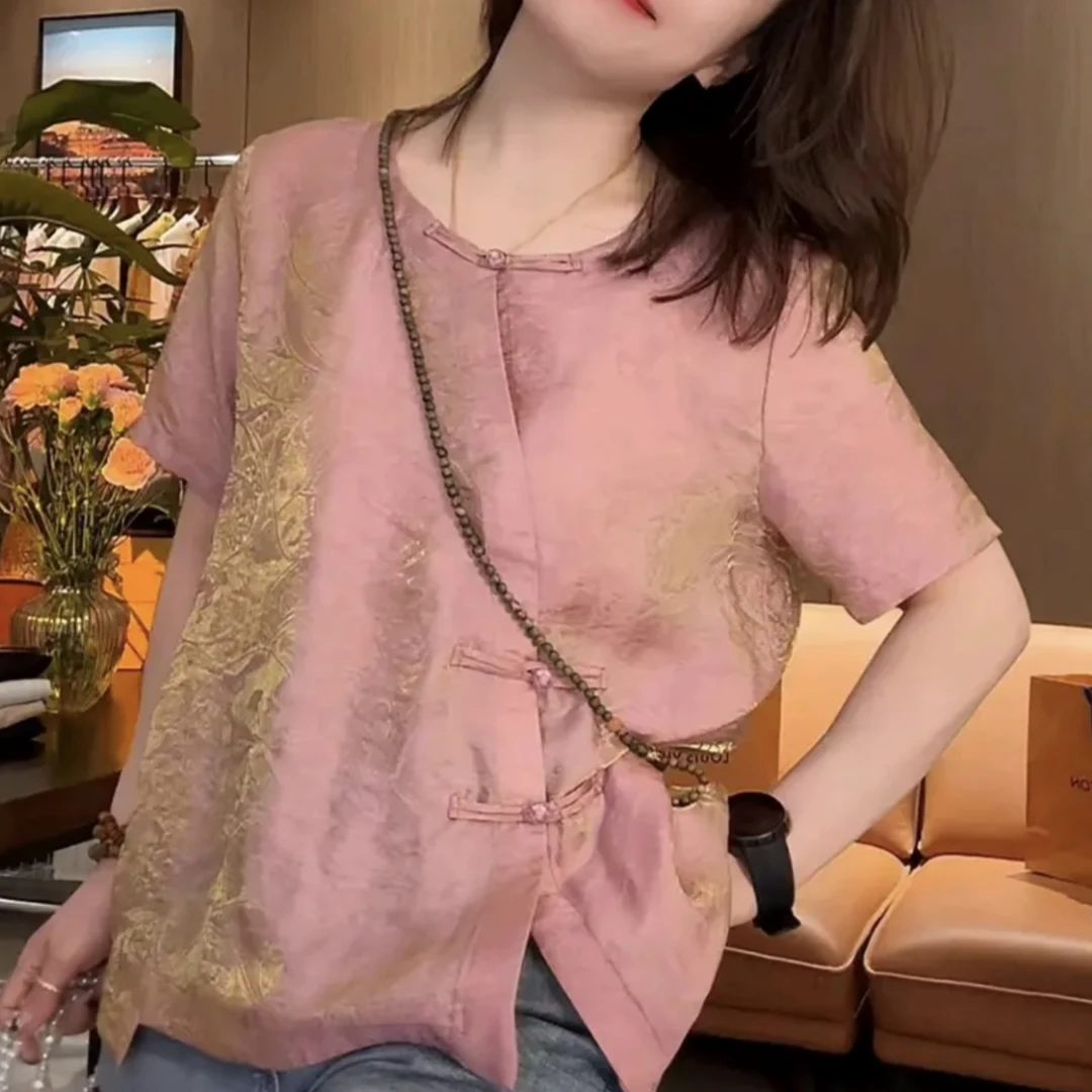 新中式双色琉璃浮光提花斜襟盘扣薄款宽松短袖上衣