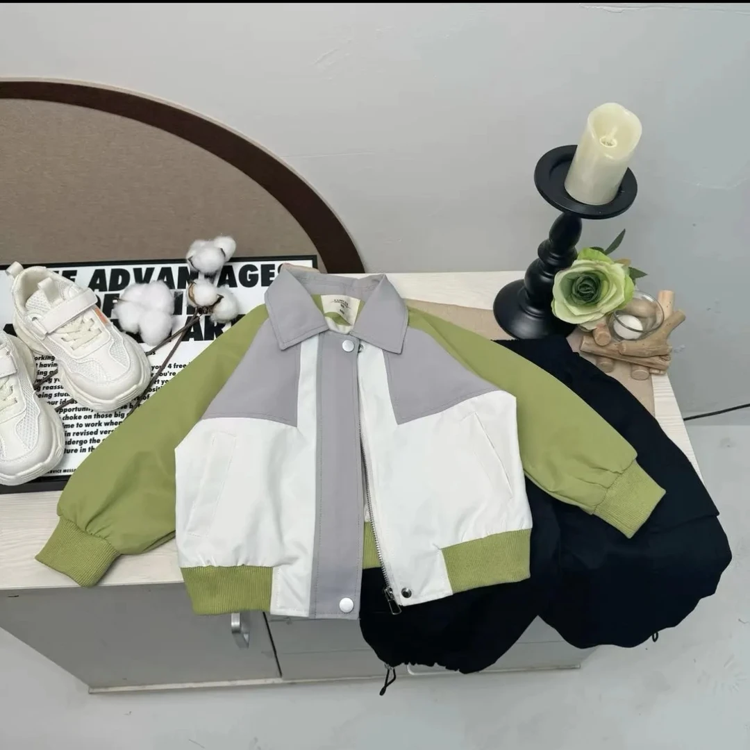 2025儿童外套休闲春季韩版翻领夹克拼色时尚潮流小童拼接上衣H748