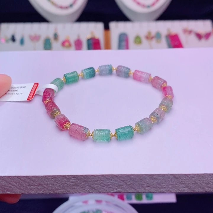 单圈手链m18K金镶嵌碧玺回纹珠