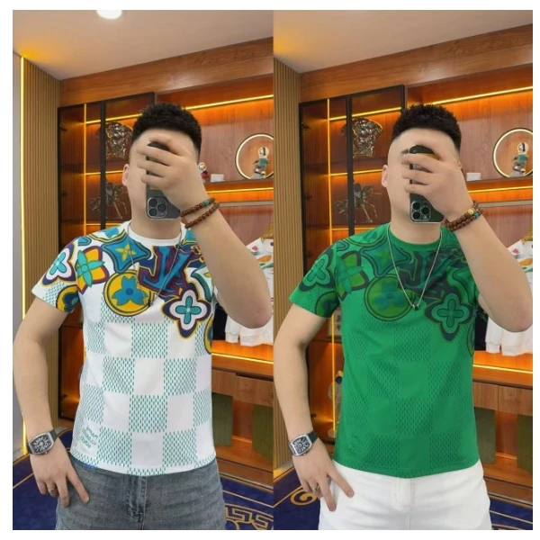 K96 印花方格半袖 男士T恤时尚欧货潮尚潮男品质舒服潮款