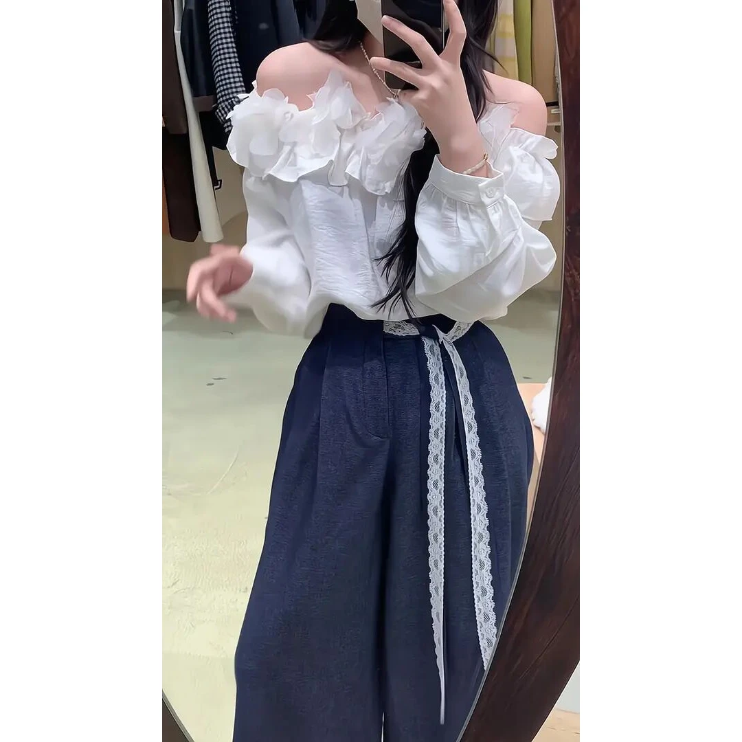 新款早春季法式气质女装设计感一字肩上衣高腰宽松一字肩上衣